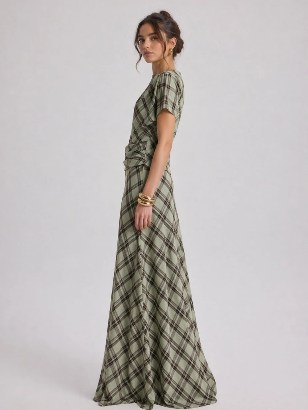 Plaid Maxi Skirt & Draped Top Matching Set – Sage Green Brown Check